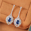 White Gold Oval Sapphire Vintage Lace Drop Earrings