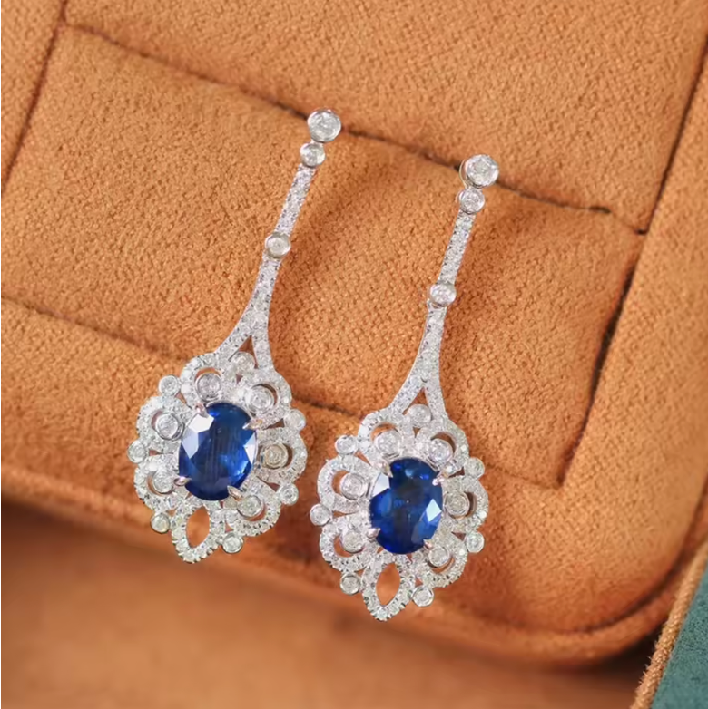 White Gold Oval Sapphire Vintage Lace Drop Earrings