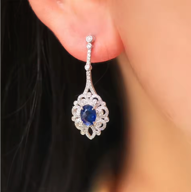 White Gold Oval Sapphire Vintage Lace Drop Earrings