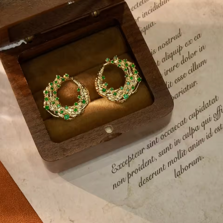 Gold Textured Wreath Hoop Earrings with Emerald Accents