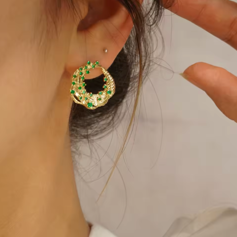 Gold Textured Wreath Hoop Earrings with Emerald Accents