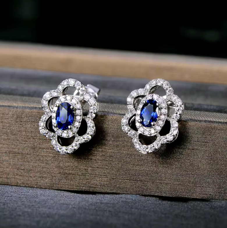White Gold Oval Sapphire Flower Scalloped Studs