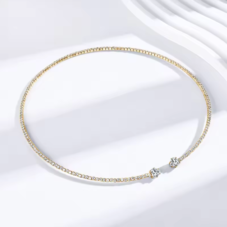 Gold Open-Flex Tennis Choker with Dual Round Crystal Terminals