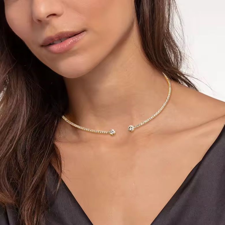 Gold Open-Flex Tennis Choker with Dual Round Crystal Terminals