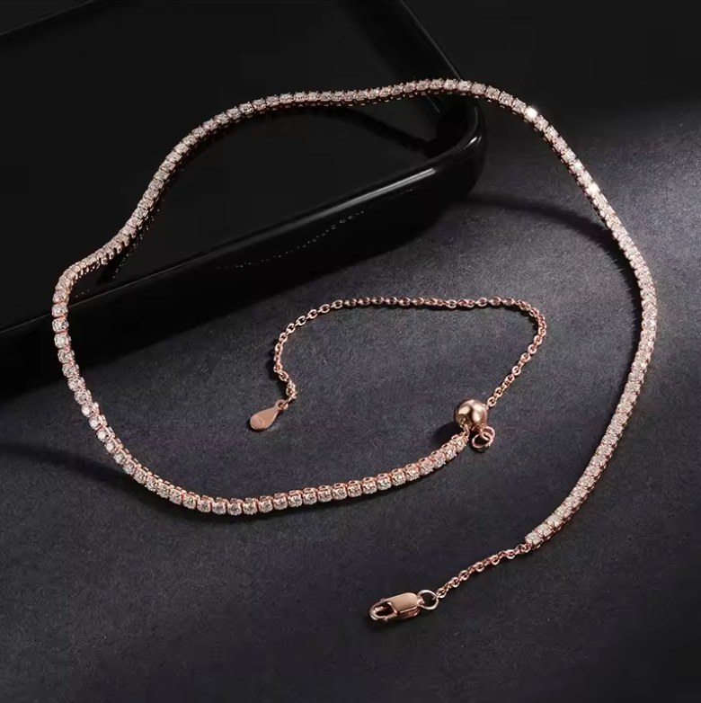 Rose Gold Adjustable Tennis Necklace with Bolo Slide Clasp